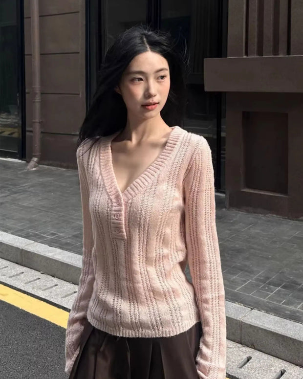 Vネック リブニット レディース 長袖 無地 スリムフィット シンプル インナー トップス きれいめ フェミニン 秋冬 新作 ID2164