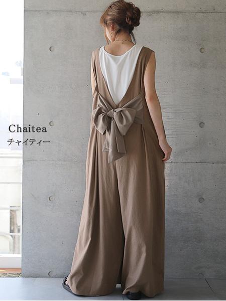 【521】[売れ筋ランキング上位] 4色展開 バックリボンワイドサロペット 体型カバー 大人可愛い オールインワン レディース 夏 サイドポケット付き