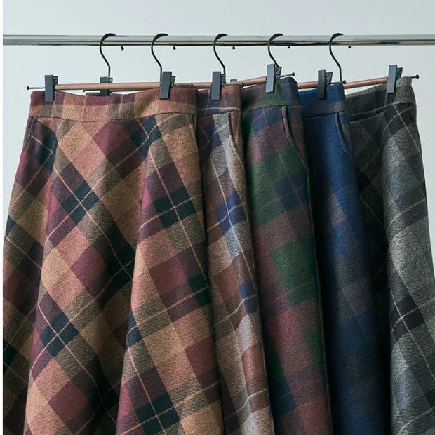 チェック柄 フレアスカート レディース ロング丈 ハイウエスト Aライン ウール調 暖かい 通勤 オフィスカジュアル 上品 体型カバー 秋冬 新作 ID2122