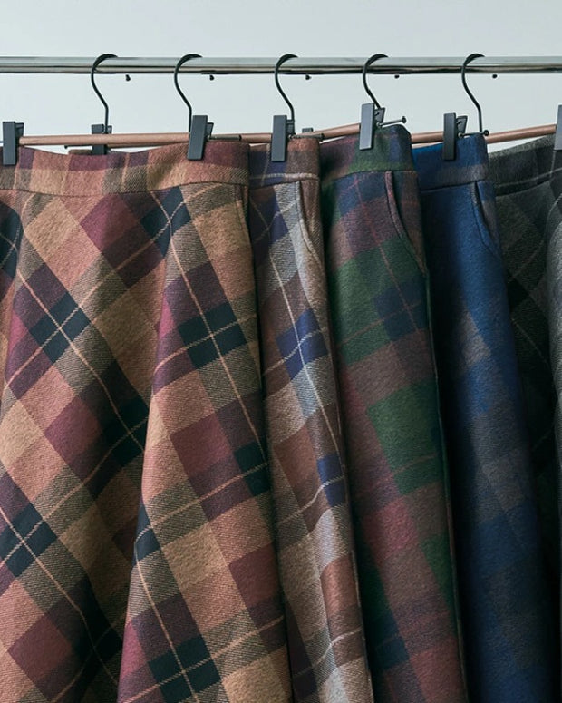 チェック柄 フレアスカート レディース ロング丈 ハイウエスト Aライン ウール調 暖かい 通勤 オフィスカジュアル 上品 体型カバー 秋冬 新作 ID2122