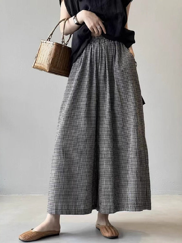 ギンガムチェック 綿麻 ワイドパンツ レディース ウエストゴム ゆったり ロング丈 体型カバー 薄手 カジュアル 夏パンツ 涼しい ID1022