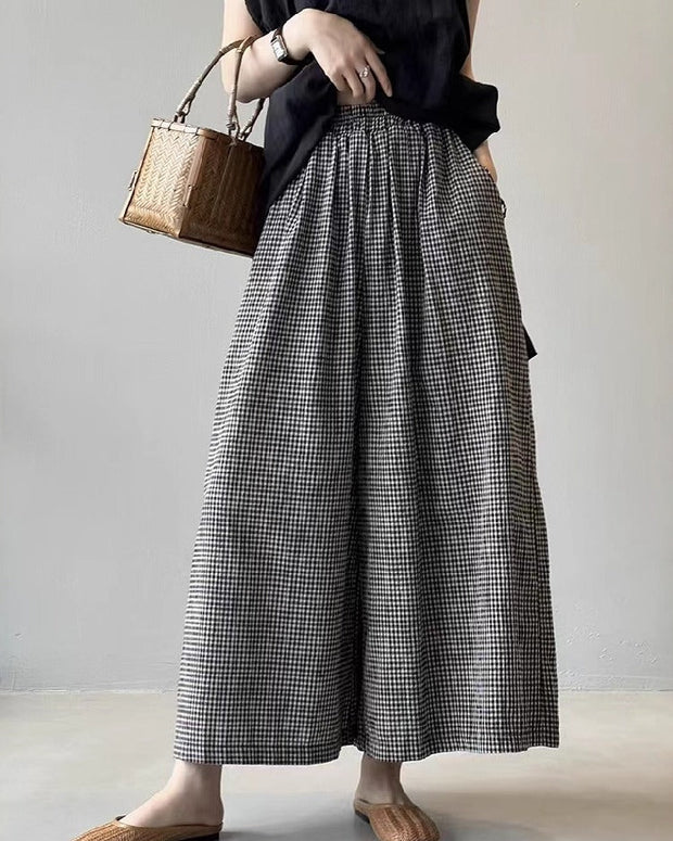 ギンガムチェック 綿麻 ワイドパンツ レディース ウエストゴム ゆったり ロング丈 体型カバー 薄手 カジュアル 夏パンツ 涼しい ID1022