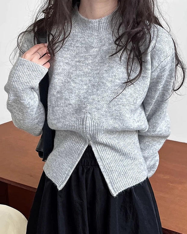 ニット セーター レディース 下裾ジッパー スリットデザイン おしゃれ 体型カバー 秋冬 トップス 長袖 シンプル カジュアル デイリー 通勤 通学 コーデしやすい ID2214