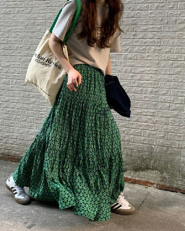 花柄 ロングスカート レディース フレアスカート ウエストゴム ゆったり 着痩せ効果 春夏秋 マキシ丈 大人可愛い カジュアル 緑 ID1182