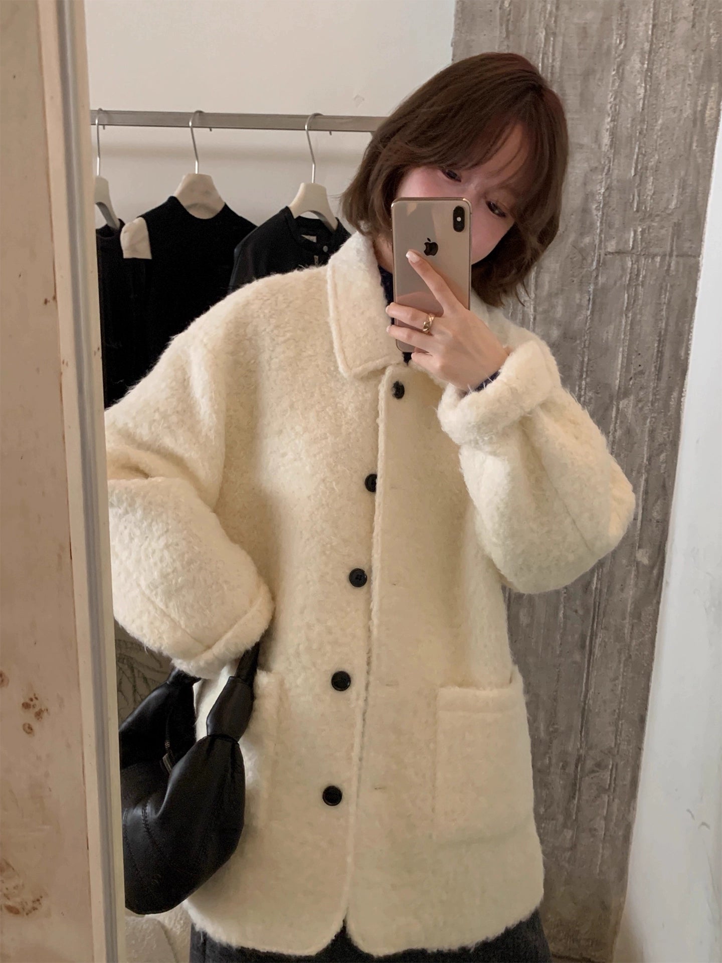 ゆったり ショートコート レディース アウター 秋冬 フェミニン 暖かい 体型カバー 大人カジュアル シンプル ID2276