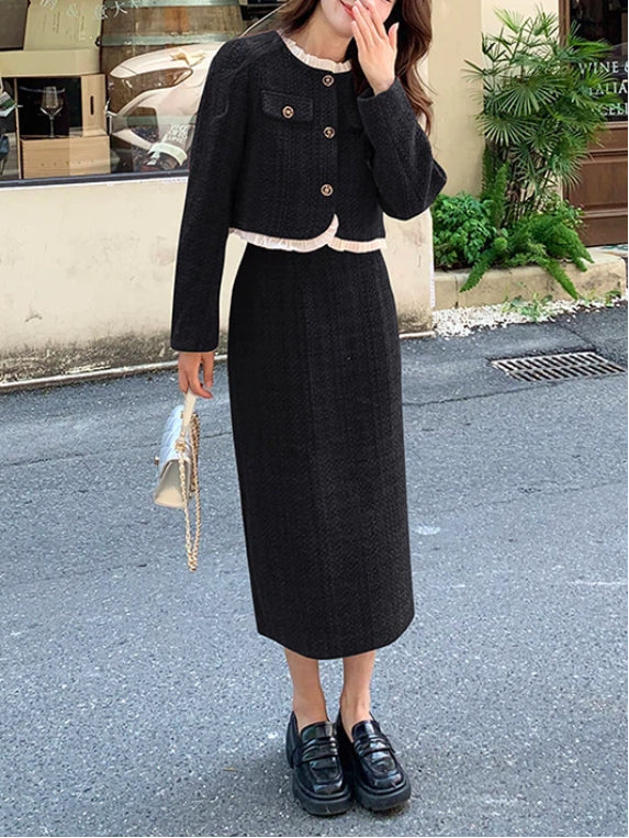 ツイード ジャケット＋タイトスカート セットアップ レディース 上下セット 長袖 ショート丈 きれいめ エレガント 通勤 オフィス 大人可愛い シンプル 無地 おしゃれ 秋冬 人気 新作 ID1949