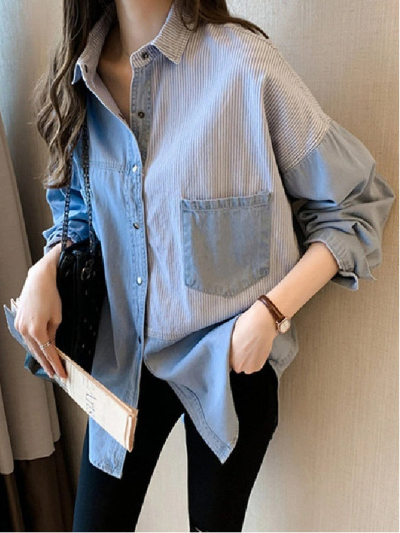 デニムシャツ レディース 長袖 ゆったり ストライプ 異素材切替 シンプル カジュアル トップス おしゃれ きれいめ 大人女子 通勤 オフィスコーデ 体型カバー 人気 着回し抜群 春秋 新作 シャツブラウス ID1366