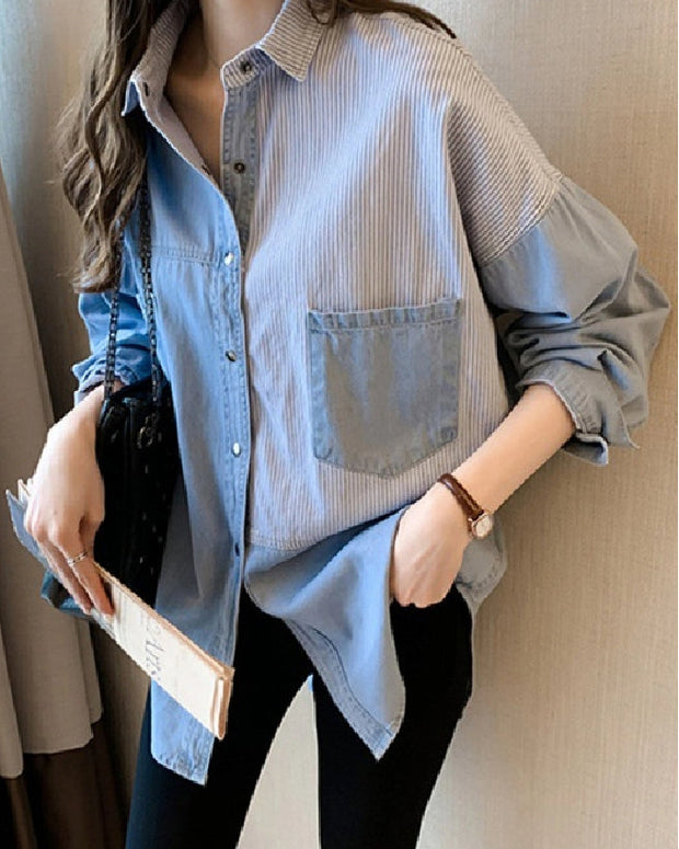デニムシャツ レディース 長袖 ゆったり ストライプ 異素材切替 シンプル カジュアル トップス おしゃれ きれいめ 大人女子 通勤 オフィスコーデ 体型カバー 人気 着回し抜群 春秋 新作 シャツブラウス ID1366