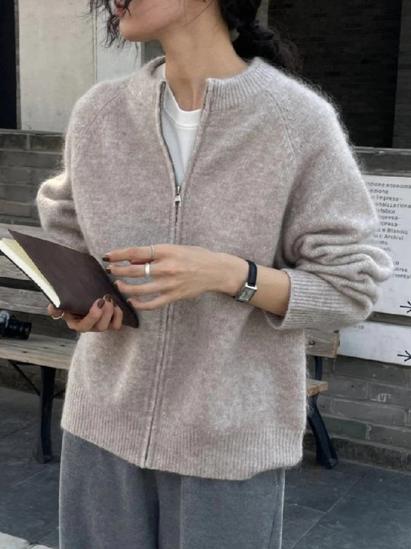 ニットカーディガン ジップアップ レディース シンプル きれいめ ゆったり 大人カジュアル 無地 長袖 アウター 羽織り 体型カバー 通勤 おしゃれ 秋冬新作 ID2234