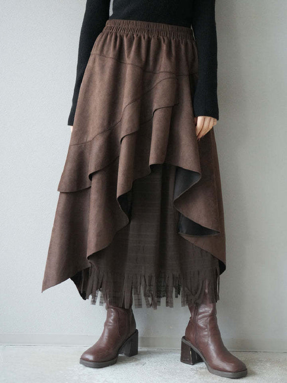フリンジ Aライン ミモレ丈 スカート レディース レイヤード風 ウエストゴム 体型カバー 秋冬 ID2256