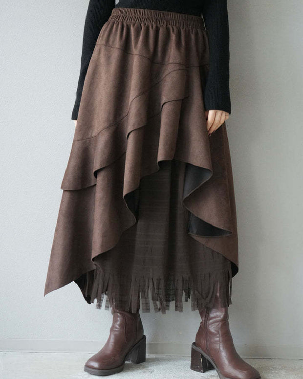 フリンジ Aライン ミモレ丈 スカート レディース レイヤード風 ウエストゴム 体型カバー 秋冬 ID2256