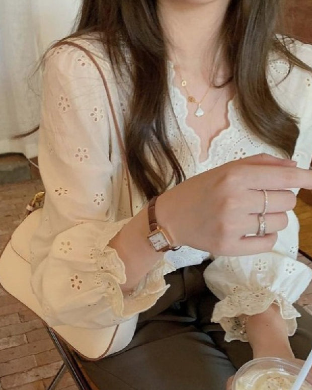 韓国風 フリル袖 レース ブラウス レディース 薄手 長袖 シャツ 可愛い ワンピース型 ゆったり シンプル オフィス カジュアル 体型カバー おしゃれ 通勤 上品 きれいめ ガーリー 春秋 新作 トップス デイリーコーデ 人気 ID1352