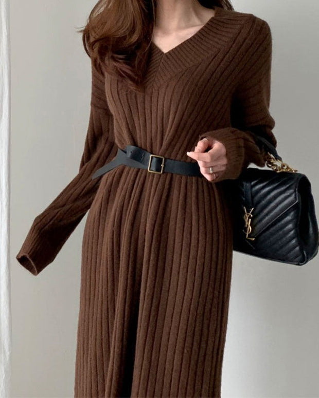 ニット ワンピース Vネック ロング丈 長袖 伸縮性 リブ編み 体型カバー シンプル 上品 通勤 デート 秋冬 新作 人気 レディース ID1965