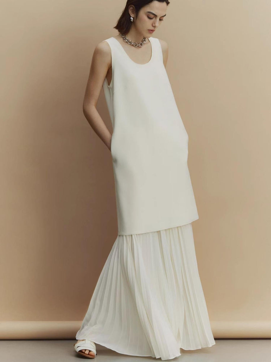 【561】シフォンプリーツロングスカート 夏新作 軽やかロング丈 上品きれいめ オフィス/お出かけ/デート 半身スカート 大人エレガント ホワイト