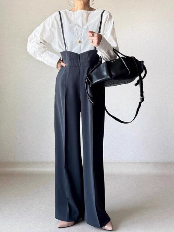 ワイドパンツ サロペット レディース オールインワン ハイウエスト ゆったり 美脚効果 ストラップ付き 春秋 カジュアル 大人女子 通勤 デイリー ID1426