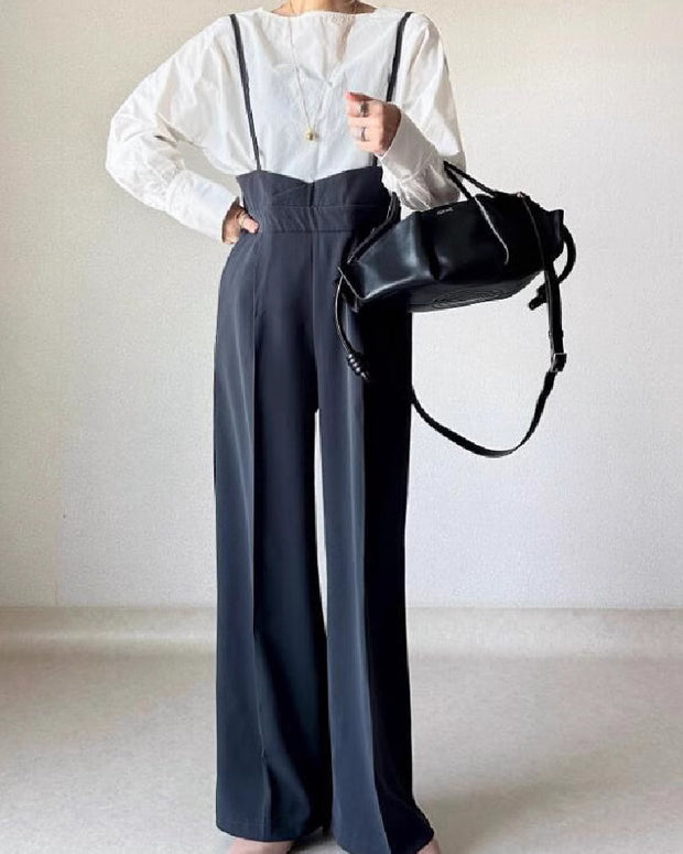 ワイドパンツ サロペット レディース オールインワン ハイウエスト ゆったり 美脚効果 ストラップ付き 春秋 カジュアル 大人女子 通勤 デイリー ID1426