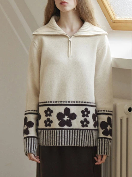 花柄 ジップニット レディース フラワー柄 ハーフジップ ハイネック トップス ゆったり 暖かい かわいい おしゃれ 秋冬 新作 ID2155
