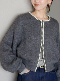 パールカーディガン 長袖 ニット カーディガン レディース トップス セーター ニットカーディガン 軽アウター 羽織り 体型カバー ゆったり ボリューム袖 無地 ボーダー セレモニー きれいめ オフィス カジュアル 秋服 冬服 あったか 暖か 防寒 ID1688