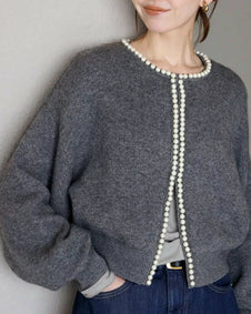 パールカーディガン 長袖 ニット カーディガン レディース トップス セーター ニットカーディガン 軽アウター 羽織り 体型カバー ゆったり ボリューム袖 無地 ボーダー セレモニー きれいめ オフィス カジュアル 秋服 冬服 あったか 暖か 防寒 ID1688