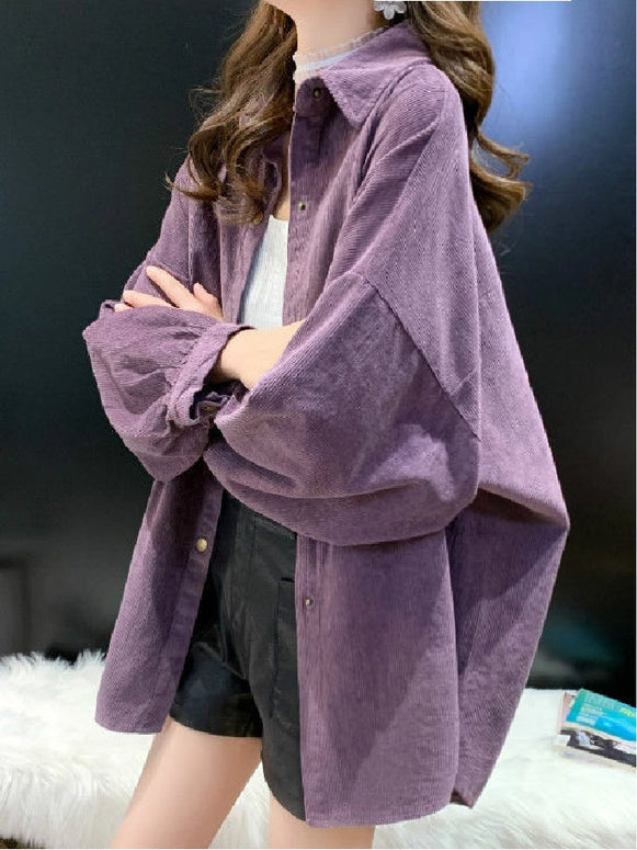 コーデュロイ シャツ レディース 長袖 オーバーサイズ 羽織り シャツジャケット カジュアル シンプル 無地 トップス 体型カバー 秋冬 ゆったり おしゃれ 大人女子 通勤 通学 デイリー 定番 ベーシック ID1685