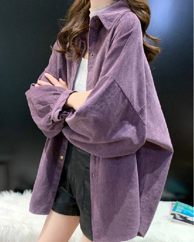 コーデュロイ シャツ レディース 長袖 オーバーサイズ 羽織り シャツジャケット カジュアル シンプル 無地 トップス 体型カバー 秋冬 ゆったり おしゃれ 大人女子 通勤 通学 デイリー 定番 ベーシック ID1685