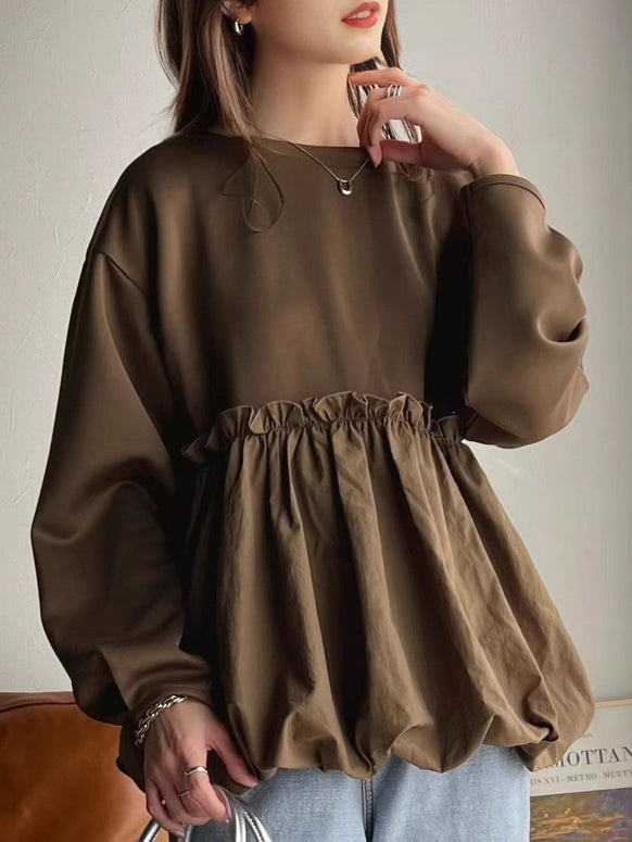 スウェット トレーナー 長袖 異素材切替 フリル デザイン 裾ギャザー レディース プルオーバー ゆったり 体型カバー カジュアル おしゃれ かわいい 秋冬 春 人気 トップス ID1697