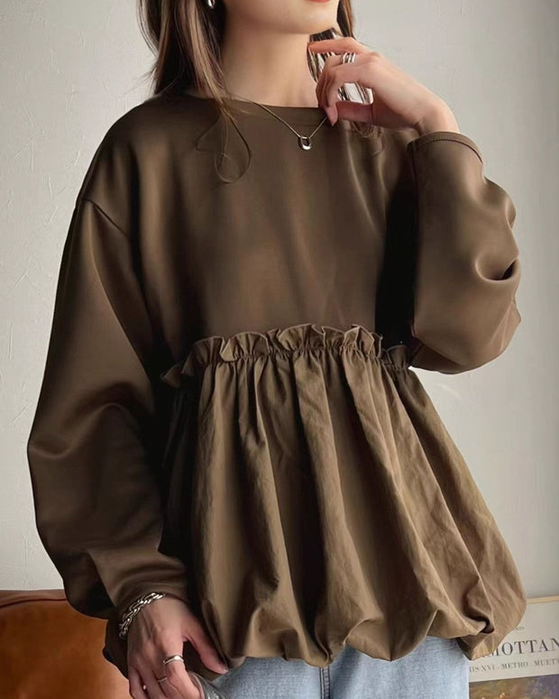 スウェット トレーナー 長袖 異素材切替 フリル デザイン 裾ギャザー レディース プルオーバー ゆったり 体型カバー カジュアル おしゃれ かわいい 秋冬 春 人気 トップス ID1697