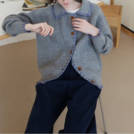 配色ステッチ カーディガン レディース 翻襟 ニットカーディガン ゆったり 長袖 シンプル おしゃれ カジュアル トップス 秋冬 新作 ID2062