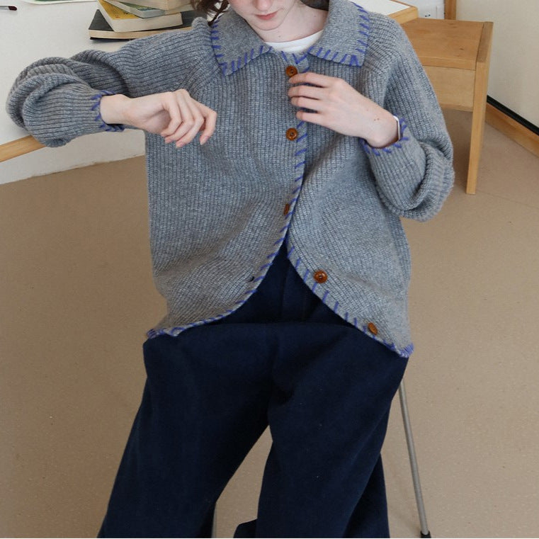 配色ステッチ カーディガン レディース 翻襟 ニットカーディガン ゆったり 長袖 シンプル おしゃれ カジュアル トップス 秋冬 新作 ID2062