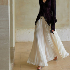 【561】シフォンプリーツロングスカート 夏新作 軽やかロング丈 上品きれいめ オフィス/お出かけ/デート 半身スカート 大人エレガント ホワイト