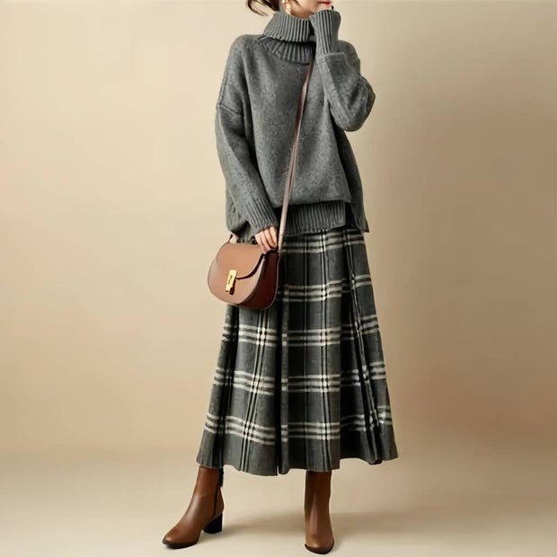 2点セット ニット セーター + チェック柄 ロングスカート ハイネック ゆったり 体型カバー 上品 きれいめ 通勤 通学 デート 秋冬 新作 人気 セットアップ レディース ID1968