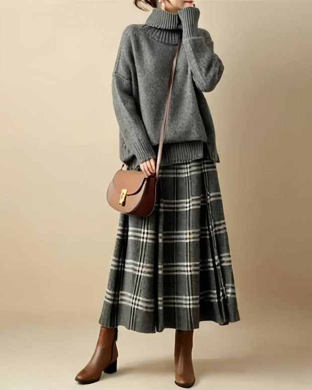 2点セット ニット セーター + チェック柄 ロングスカート ハイネック ゆったり 体型カバー 上品 きれいめ 通勤 通学 デート 秋冬 新作 人気 セットアップ レディース ID1968