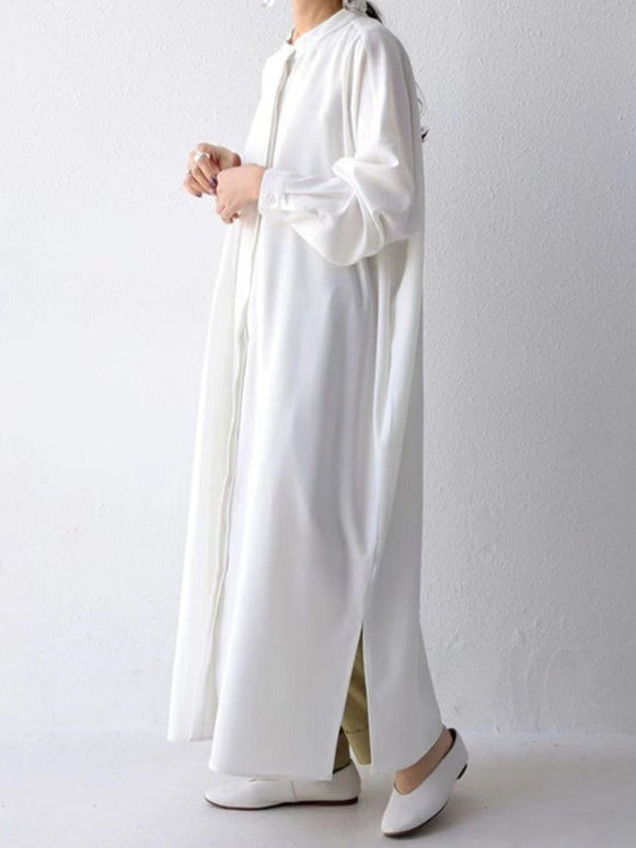 シャツワンピース レディース ロング丈 無地 スタンドカラー 長袖 プリーツ襟 ゆったり 体型カバー きれいめ 大人可愛い 上品 通勤 ナチュラルスタイル 春秋 ID1209