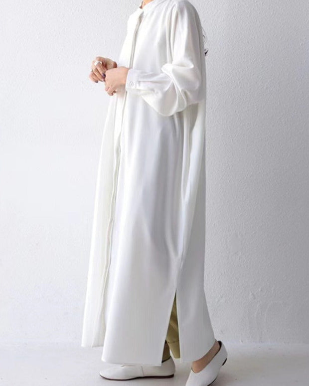 シャツワンピース レディース ロング丈 無地 スタンドカラー 長袖 プリーツ襟 ゆったり 体型カバー きれいめ 大人可愛い 上品 通勤 ナチュラルスタイル 春秋 ID1209