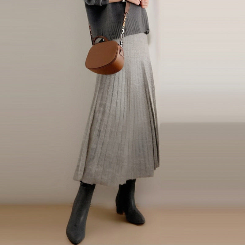 【着回し力抜群】【2点SET】見逃し厳禁 無地 ニット+ロング ギャザー スカート ワンピースセット ID1677