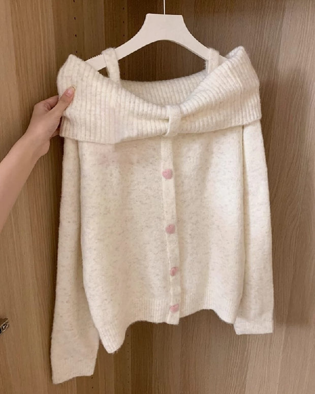 オフショルダー リボン ニットセーター レディース 一字ネック 長袖 かわいい 愛ハートボタン フェミニン ガーリー 秋冬 新作 ID2165