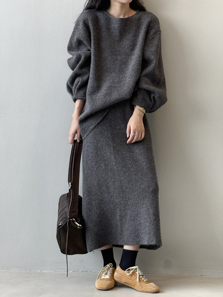 「限定価格は今だけ！」2点セット クルーネック ニット + ミモレ丈 スカート レディース セットアップ シンプル 上品 通勤 体型カバー 秋冬 新作 ID2088