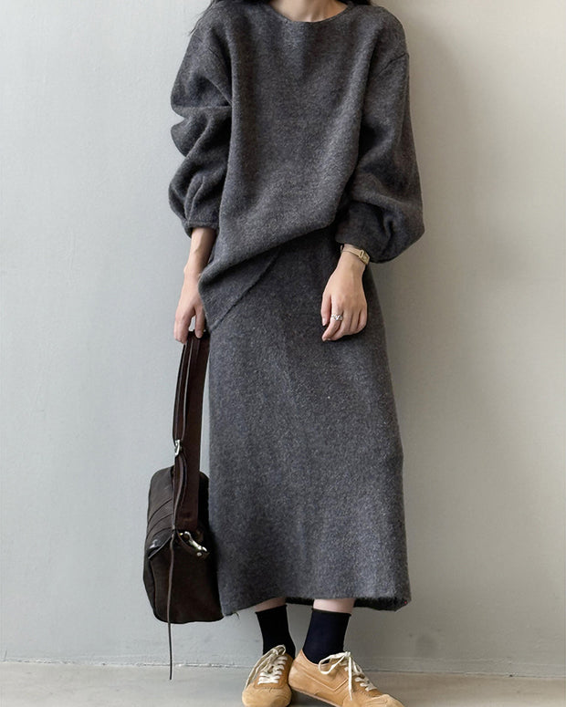 「限定価格は今だけ！」2点セット クルーネック ニット + ミモレ丈 スカート レディース セットアップ シンプル 上品 通勤 体型カバー 秋冬 新作 ID2088