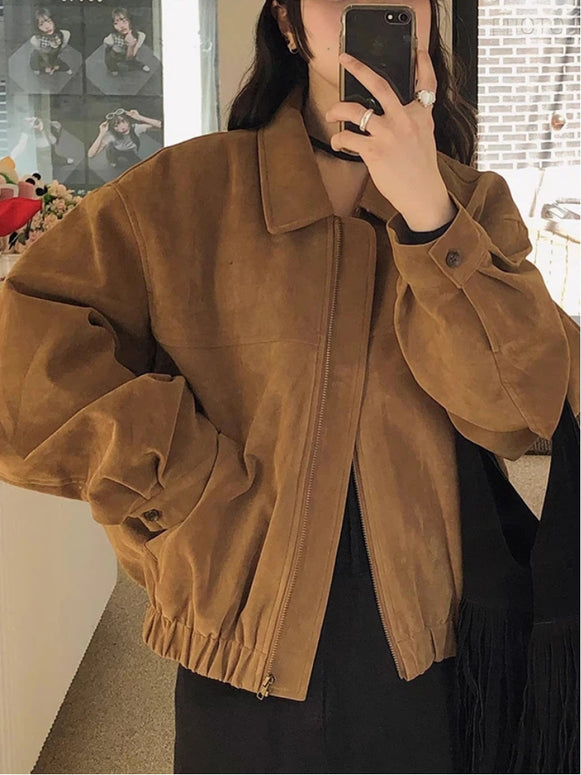 長袖 スエード調 ジャケット レディース カジュアル ゆったり 体型カバー 秋冬 アウター おしゃれ 上品 シンプル ID2277