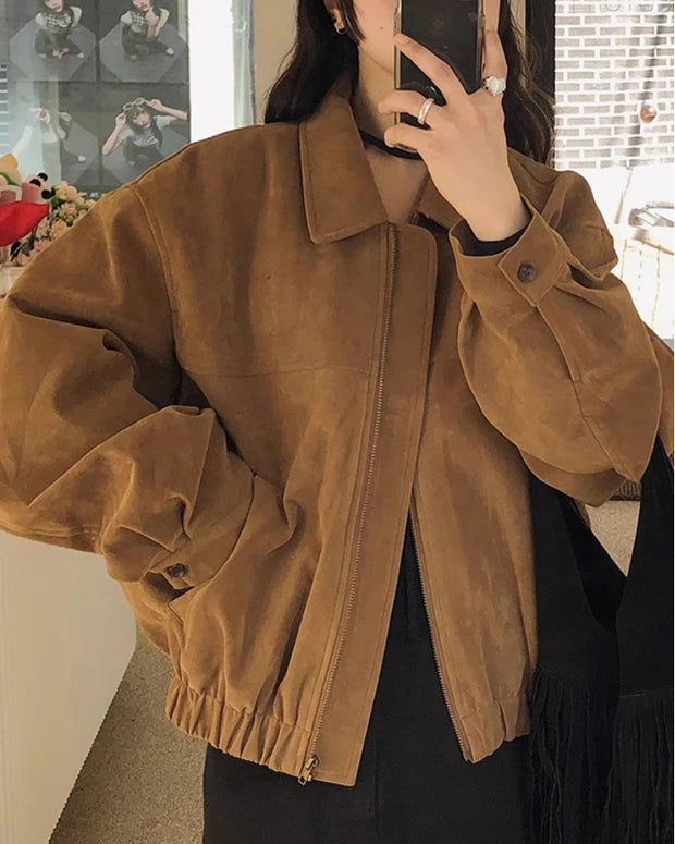 長袖 スエード調 ジャケット レディース カジュアル ゆったり 体型カバー 秋冬 アウター おしゃれ 上品 シンプル ID2277