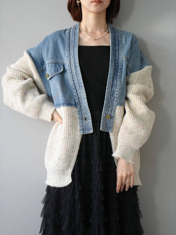 異素材切り替え デニム カーディガン レディース ニット×デニム ジャケット風 ゆったり ショート丈 Vネック 長袖 おしゃれ カジュアル 体型カバー 秋冬 人気 新作 ID1858