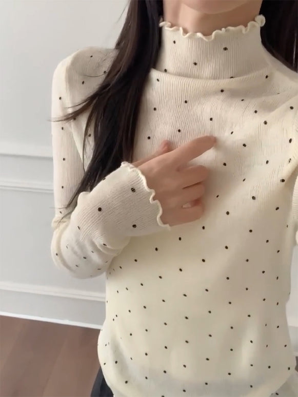 ハイネック ニットトップス レディース ドット柄 リブニット 長袖 伸縮性 インナー 秋冬 きれいめ 大人可愛い フェミニン 重ね着 通勤 通学 デイリーコーデ 防寒 インナーウェア ID2227