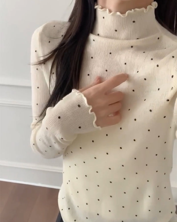 ハイネック ニットトップス レディース ドット柄 リブニット 長袖 伸縮性 インナー 秋冬 きれいめ 大人可愛い フェミニン 重ね着 通勤 通学 デイリーコーデ 防寒 インナーウェア ID2227