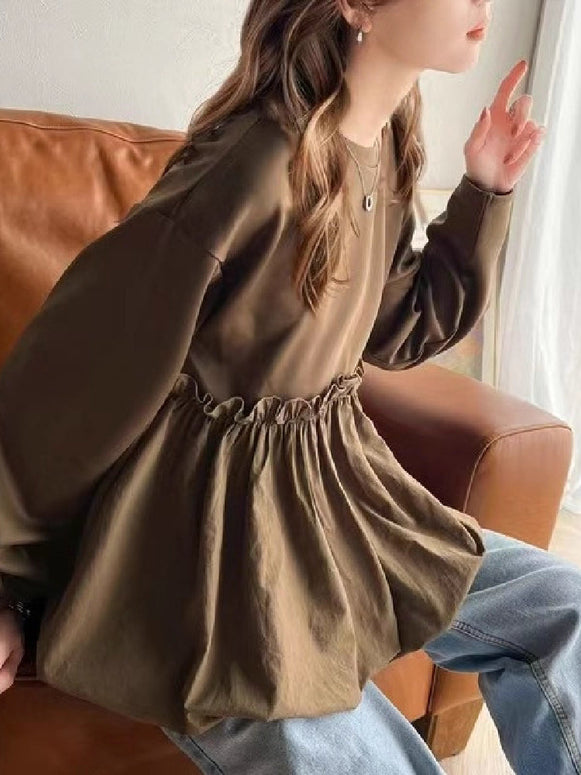 スウェット トレーナー 長袖 異素材切替 フリル デザイン 裾ギャザー レディース プルオーバー ゆったり 体型カバー カジュアル おしゃれ かわいい 秋冬 春 人気 トップス ID1697