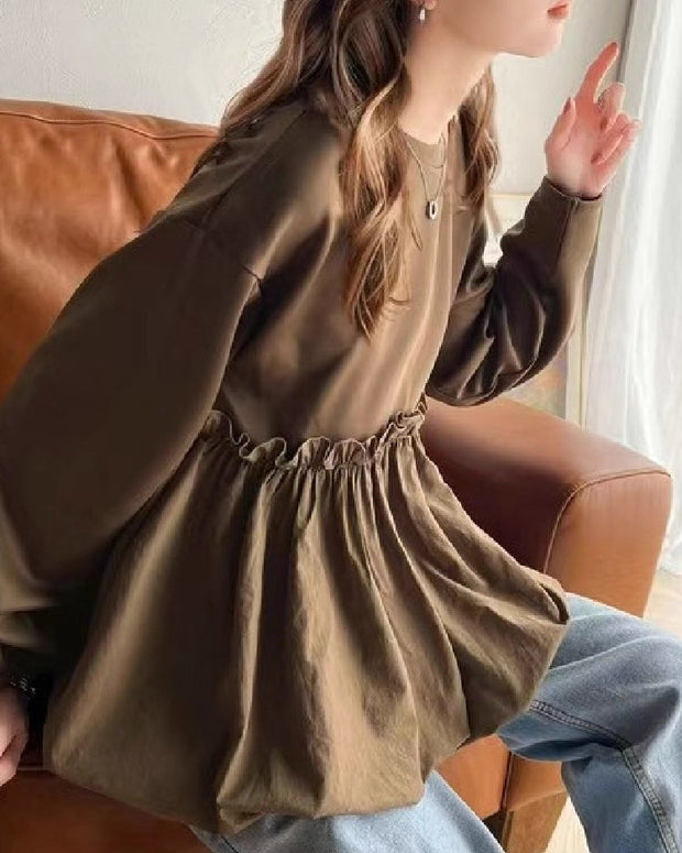 スウェット トレーナー 長袖 異素材切替 フリル デザイン 裾ギャザー レディース プルオーバー ゆったり 体型カバー カジュアル おしゃれ かわいい 秋冬 春 人気 トップス ID1697