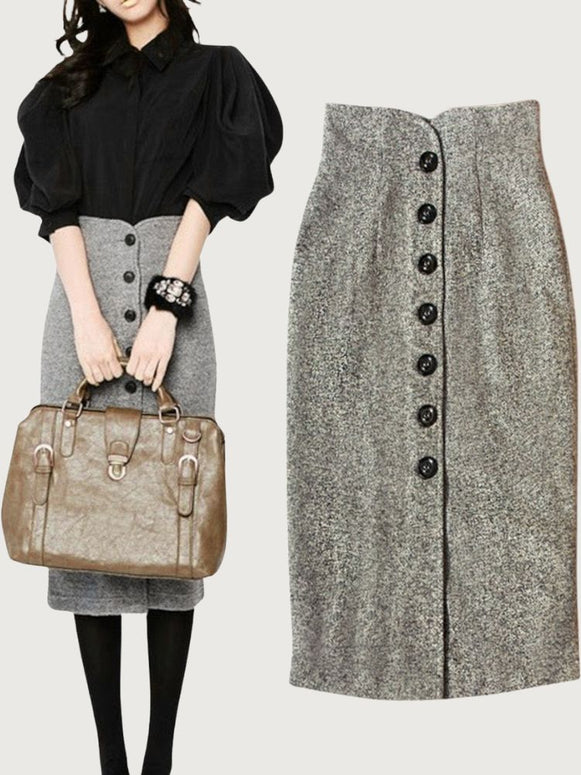 ウールスカート レディース タイトスカート ハイウエスト ボタン付き 上品 きれいめ 通勤 オフィスカジュアル エレガント 体型カバー 秋冬 新作 ID1923