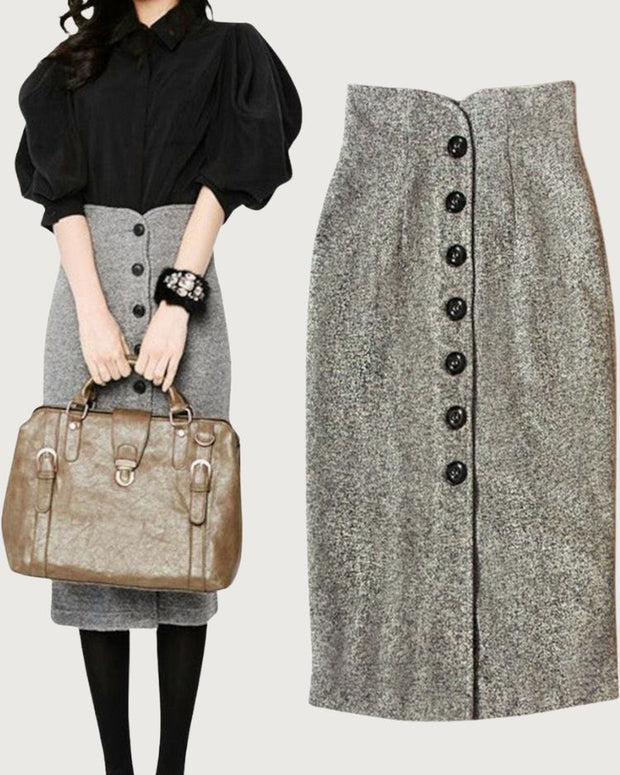 ウールスカート レディース タイトスカート ハイウエスト ボタン付き 上品 きれいめ 通勤 オフィスカジュアル エレガント 体型カバー 秋冬 新作 ID1923