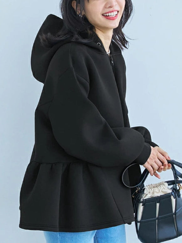 サイドフリル パーカー レディース 長袖 ダンボール生地 フード付き ジップアップ ゆったり シンプル 無地 カジュアル きれいめ 大人可愛い 通勤 通学 羽織り トップス おしゃれ 秋冬 人気 新作 ID1945