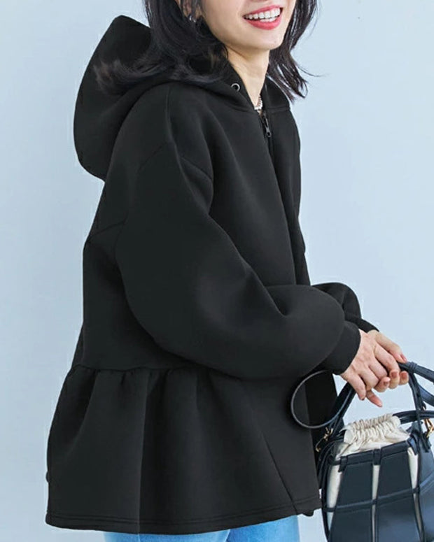 サイドフリル パーカー レディース 長袖 ダンボール生地 フード付き ジップアップ ゆったり シンプル 無地 カジュアル きれいめ 大人可愛い 通勤 通学 羽織り トップス おしゃれ 秋冬 人気 新作 ID1945