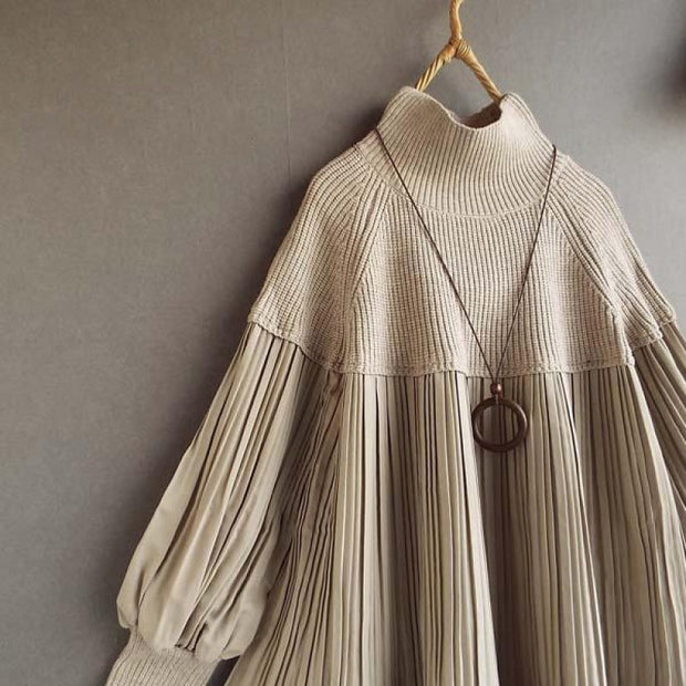 ニットブラウス レディース プリーツ デザイン ハイネック ランタンスリーブ ゆったり シンプル 上品 きれいめ 体型カバー 秋冬 新作 トップス ID1890